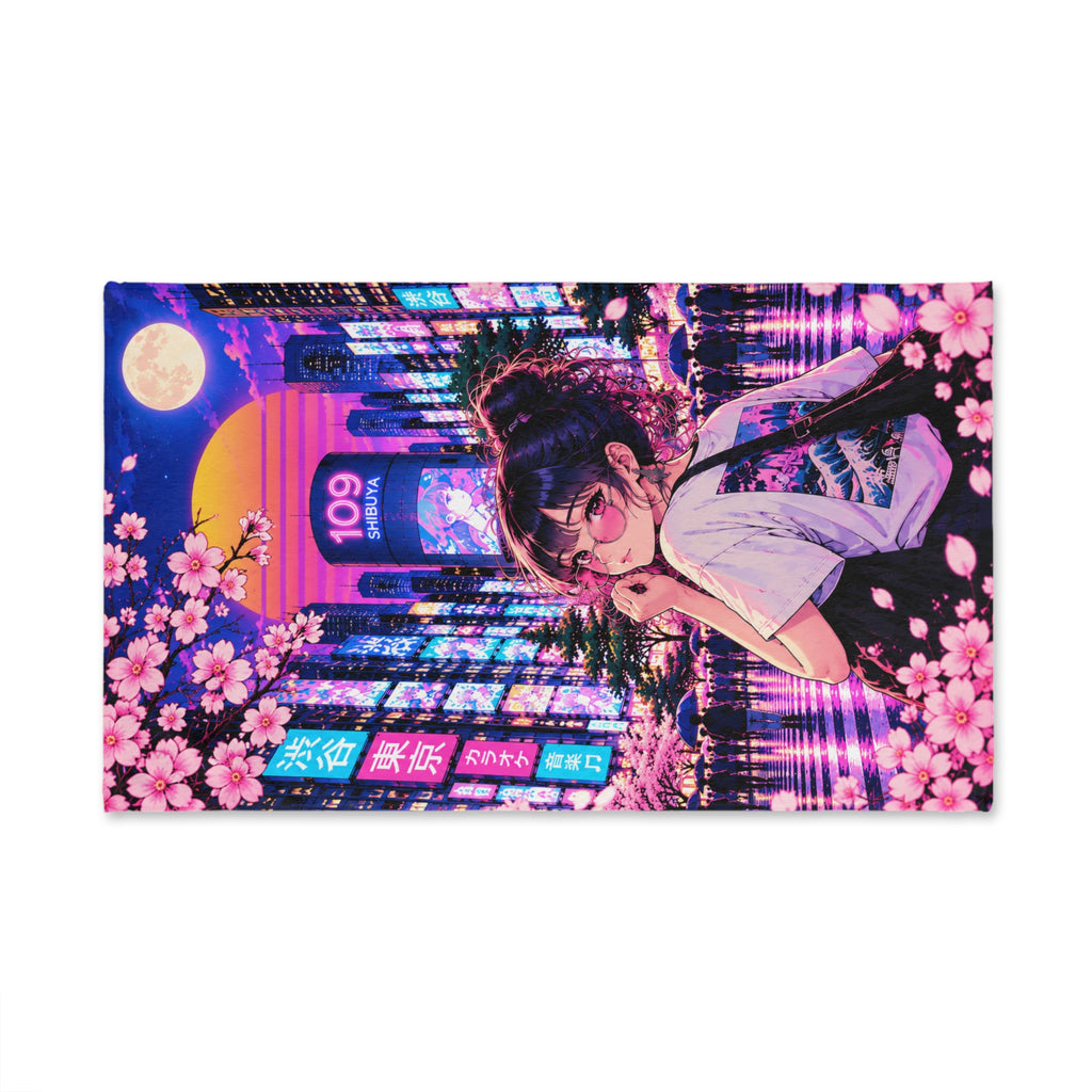 Shibuya Sky 5 City Pop Neon Sunset Hand Towel — Retro Sakura Tokyo Design