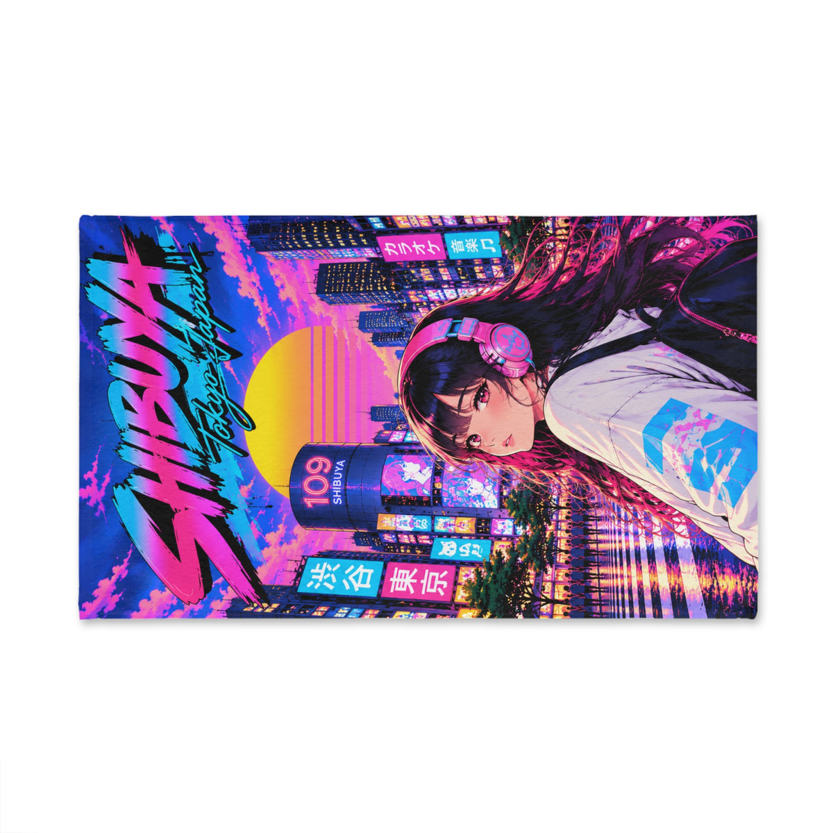 Shibuya Sky 1 City Pop Neon Sunset Hand Towel — Retro Sakura Tokyo Design