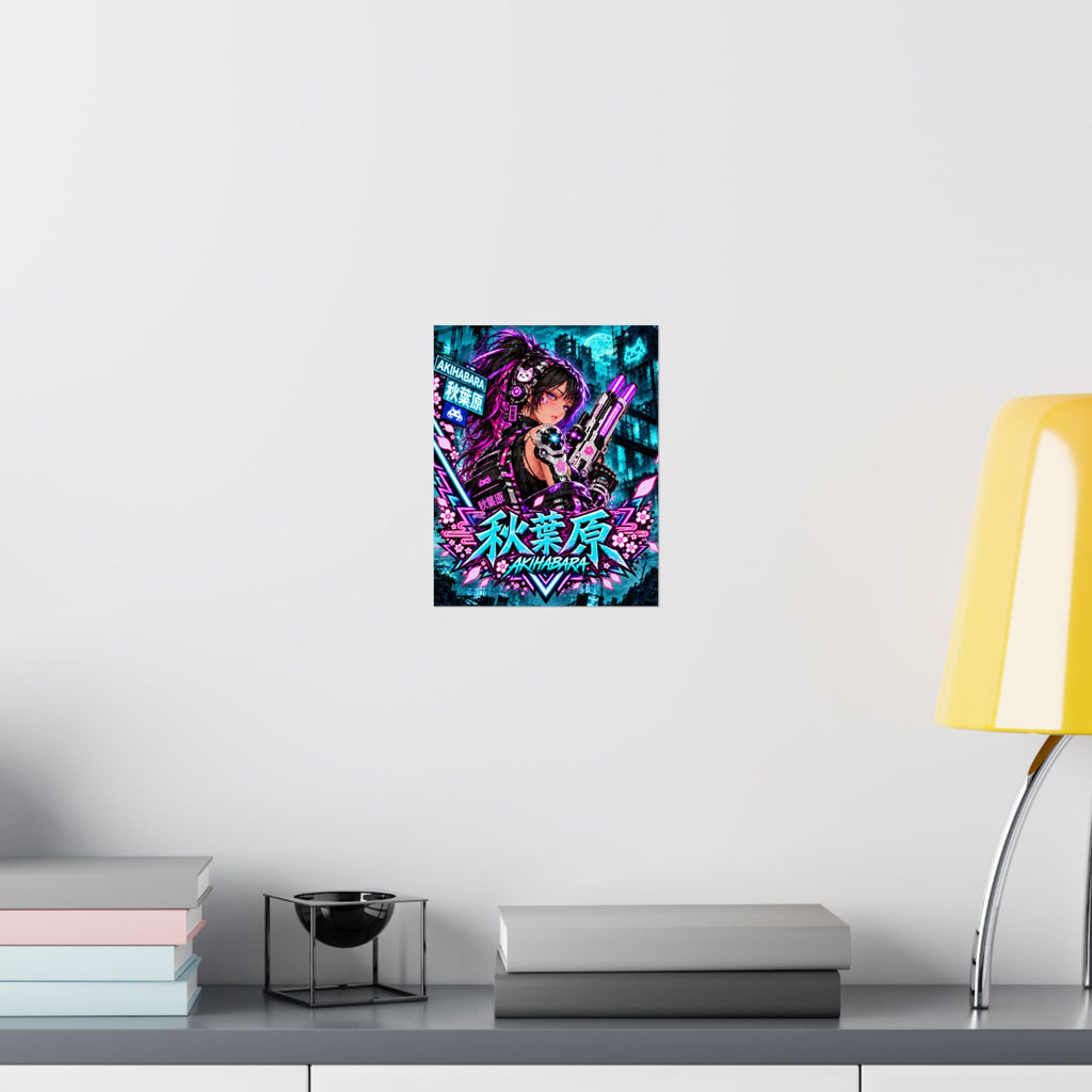 Akihabara Cyberpunk Anime Poster — Neon Teal Matte Vertical Print