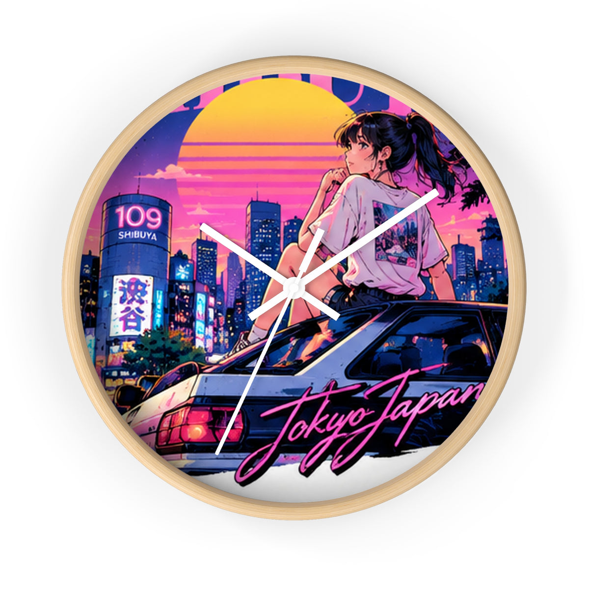 Shibuya Sky 6 City Pop Neon Anime Wall Clock — Retro Tokyo Sunset Design