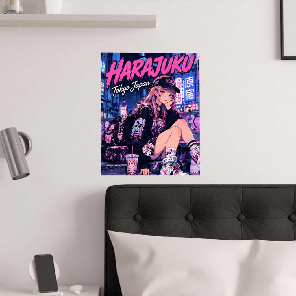 Harajuku Style 8 Neon City Anime Girl Satin Poster — Tokyo Japan Anime Wall Art