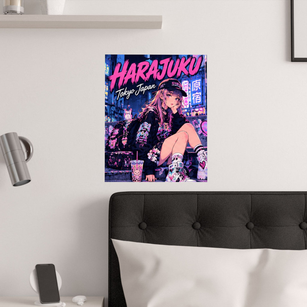 Harajuku Style 8 Neon City Anime Girl Satin Poster — Tokyo Japan Anime Wall Art