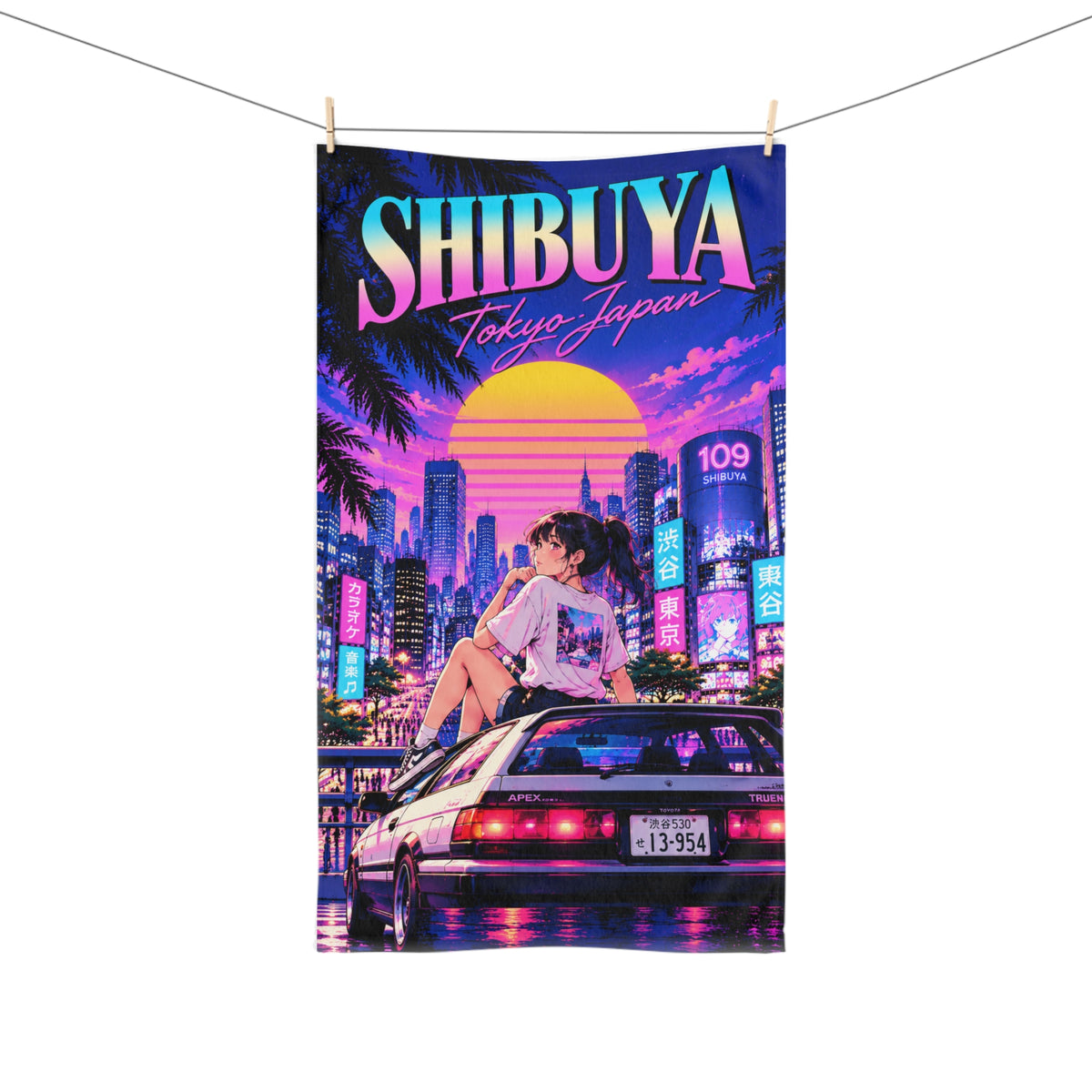 Shibuya Sky 3 City Pop Neon Sunset Hand Towel — Retro Sakura Tokyo Design