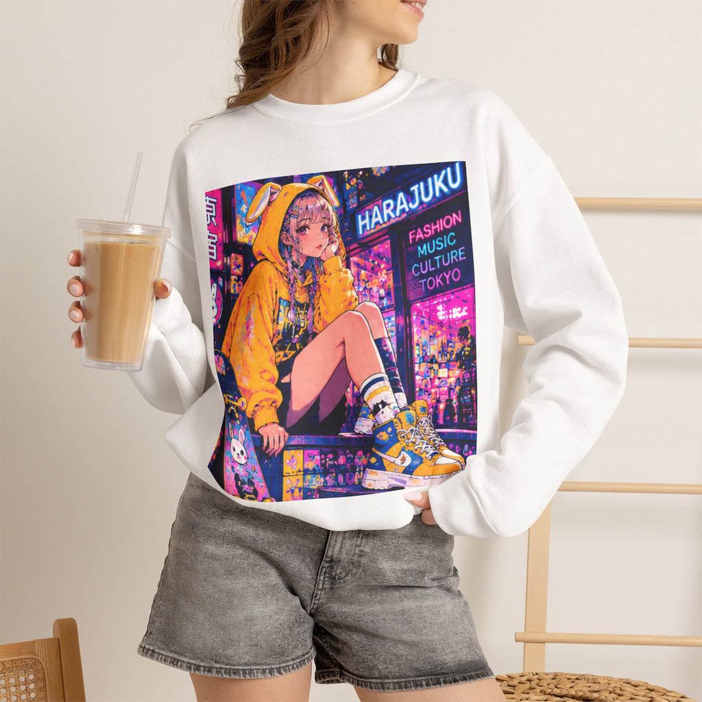 Harajuku Style 10 Neon City Anime Girl Crewneck Sweatshirt — Tokyo Street Anime Graphic
