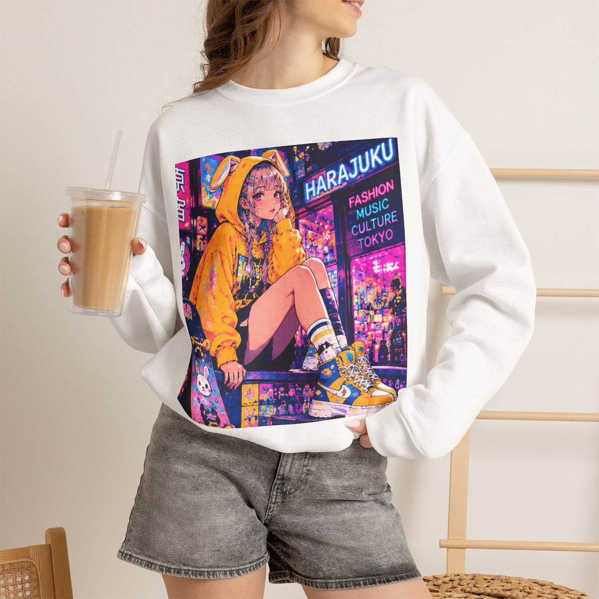 Harajuku Style 10 Neon City Anime Girl Crewneck Sweatshirt — Tokyo Street Anime Graphic