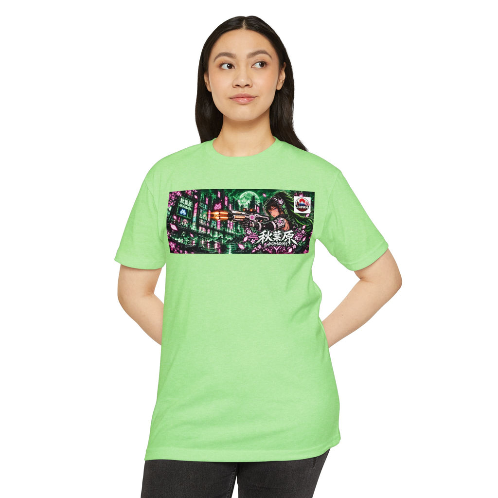 Akihabara Cyborg Sniper T‑Shirt —Green Akihabara Neon City Graphic