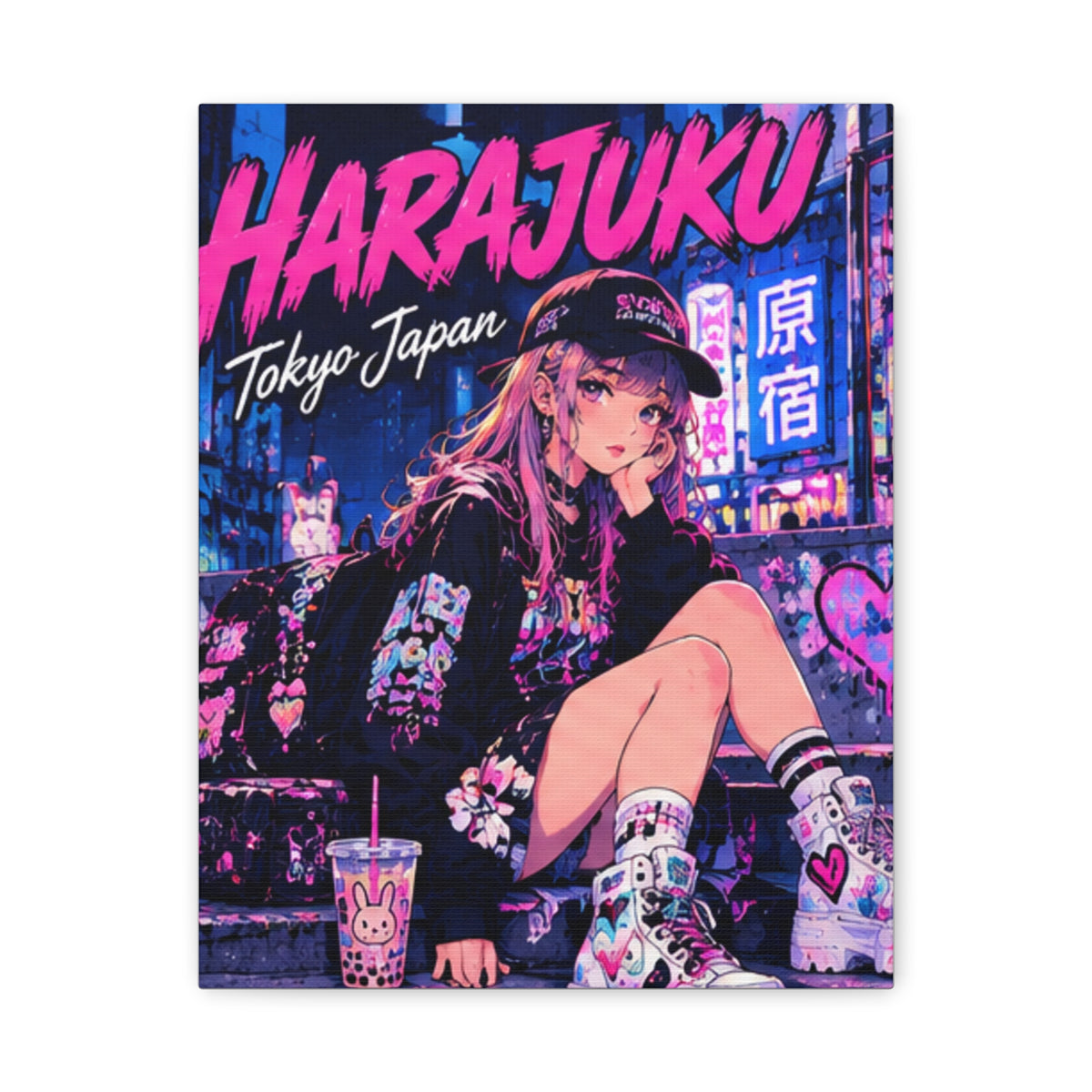 Harajuku Style 8 Neon City Tokyo Anime Girl Matte Canvas Wall Art