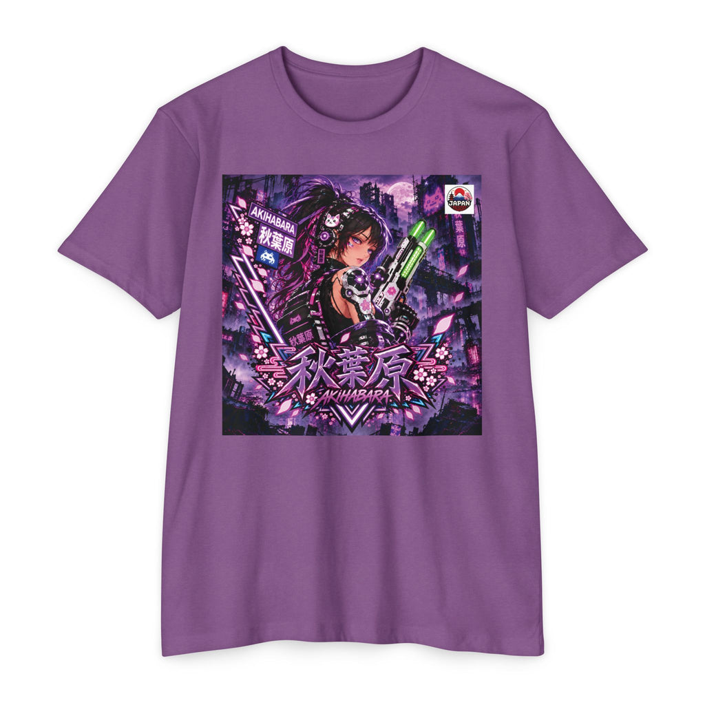 Akihabara Cyberpunk Sniper Girl T‑Shirt —Purple Akihabara Neon City Graphic