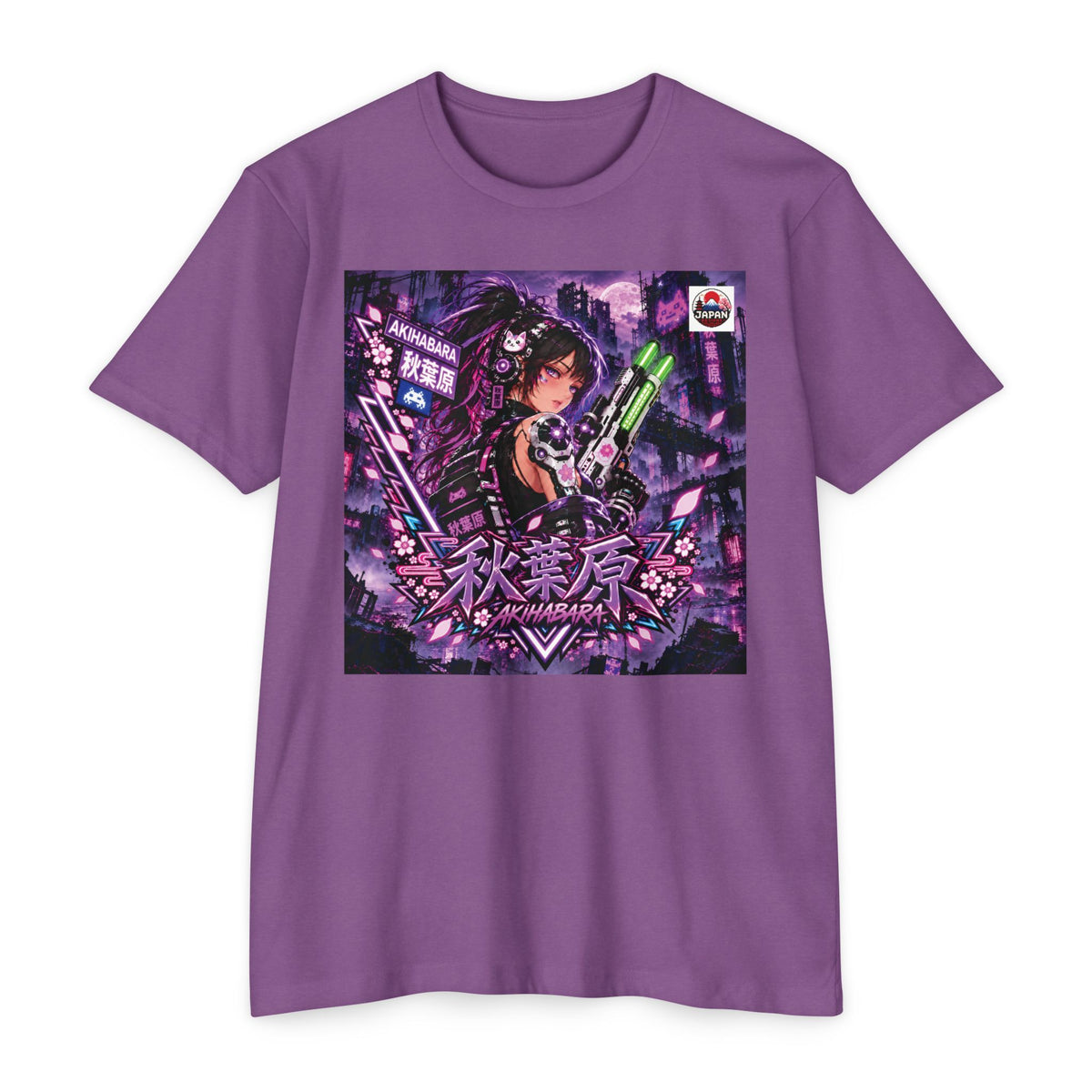 Akihabara Cyberpunk Sniper Girl T‑Shirt —Purple Akihabara Neon City Graphic