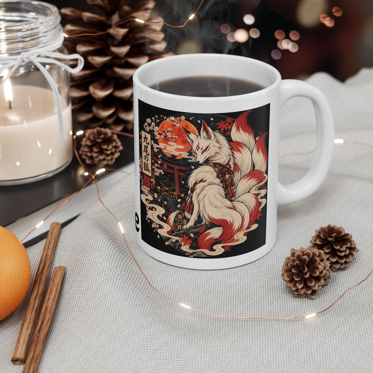 Nine-Tailed Kitsune Yokai Halloween Illustration Mug | Japanese Fox Spirit Ceramic Mug