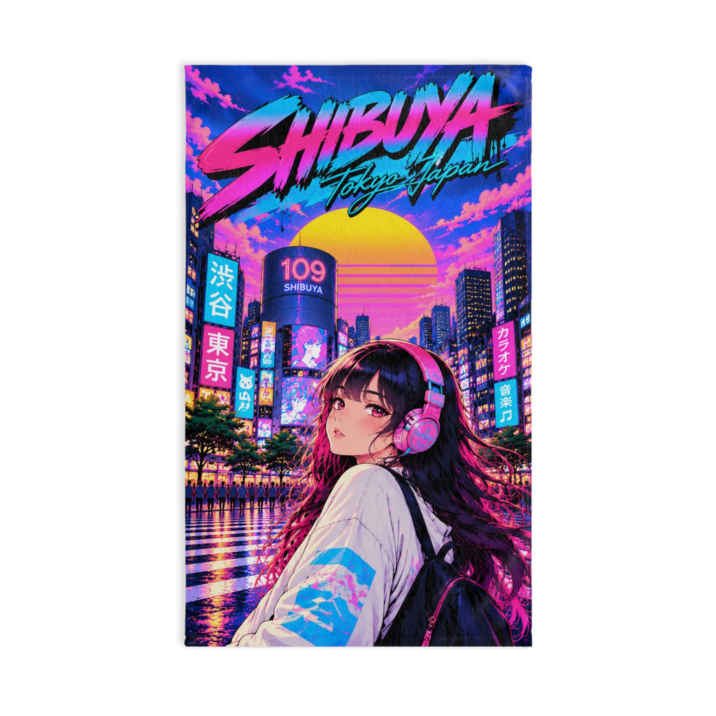 Shibuya Sky 1 City Pop Neon Sunset Hand Towel — Retro Sakura Tokyo Design