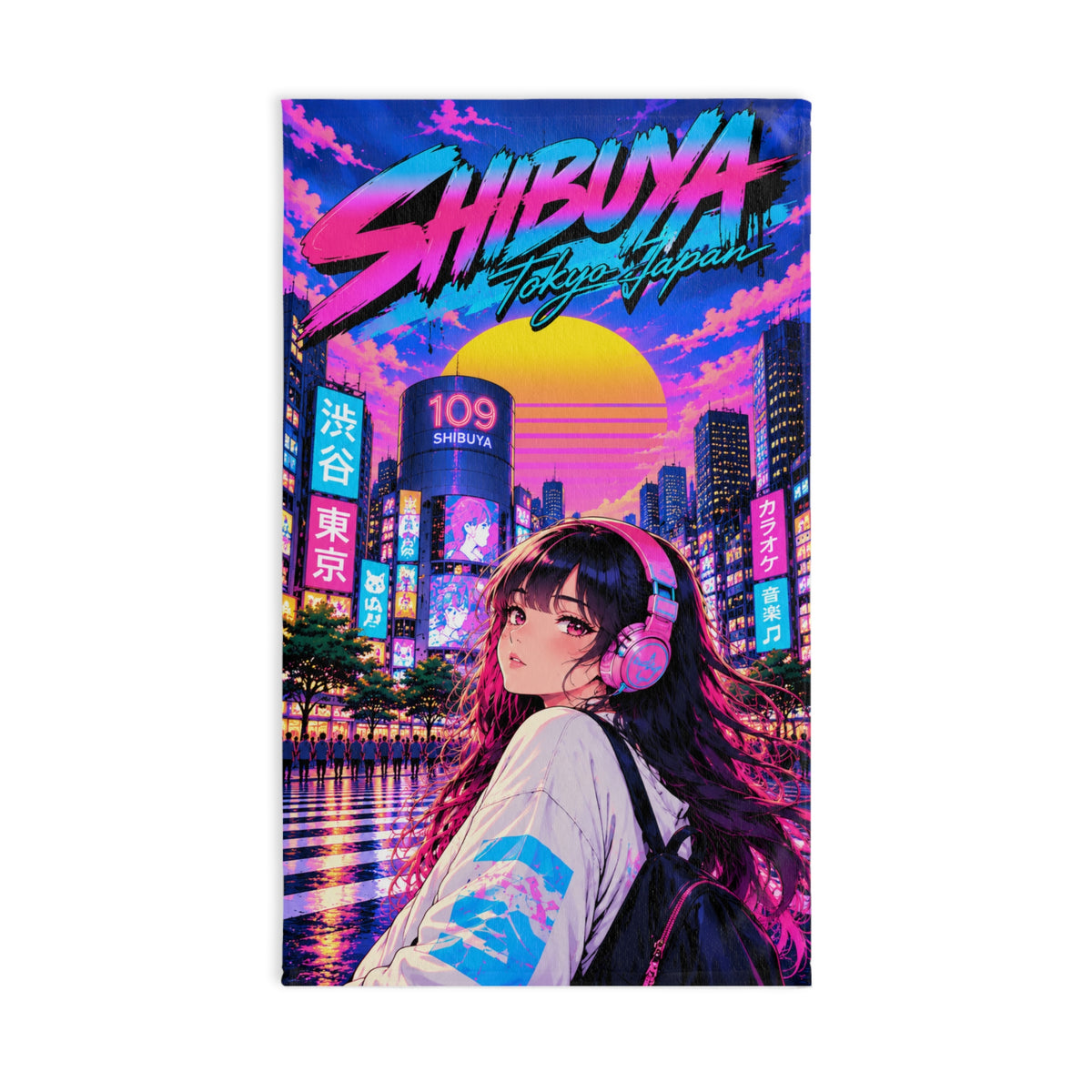 Shibuya Sky 1 City Pop Neon Sunset Hand Towel — Retro Sakura Tokyo Design