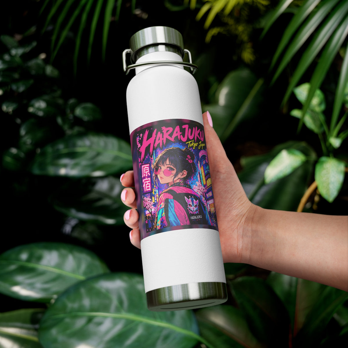 Harajuku Style 7 Neon City Anime Girl Water Bottle — 22oz Copper Vacuum Insulated