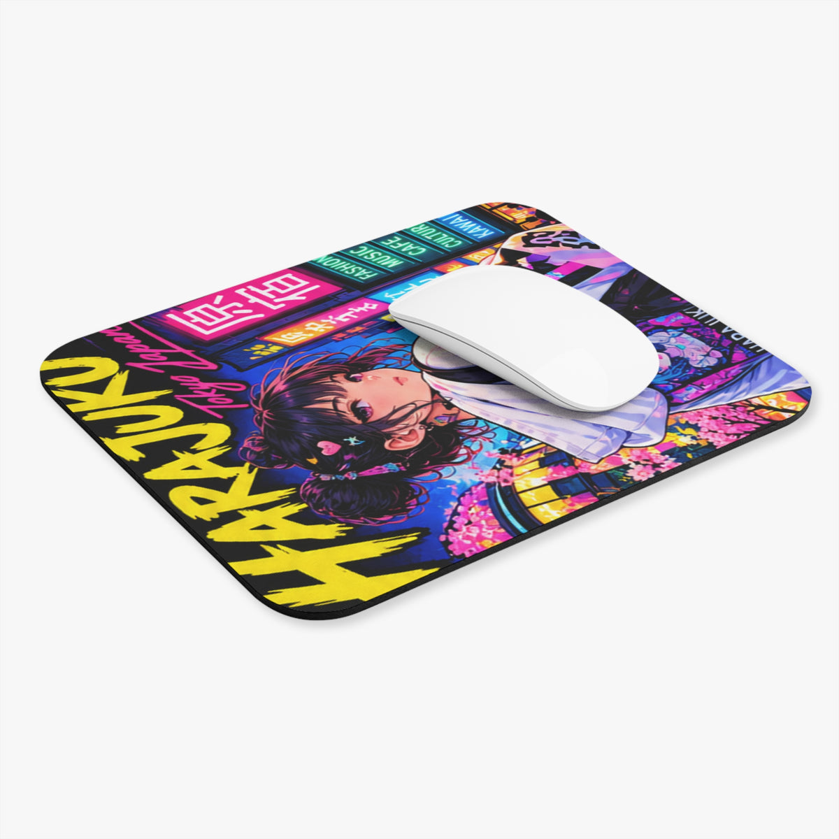 Harajuku Style 3 Neon City Anime Girl Mouse Pad — Retro Tokyo Anime Desk Mat