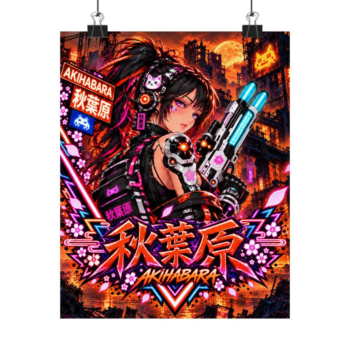 Akihabara Cyberpunk Anime Poster — Neon Orange Matte Vertical Print