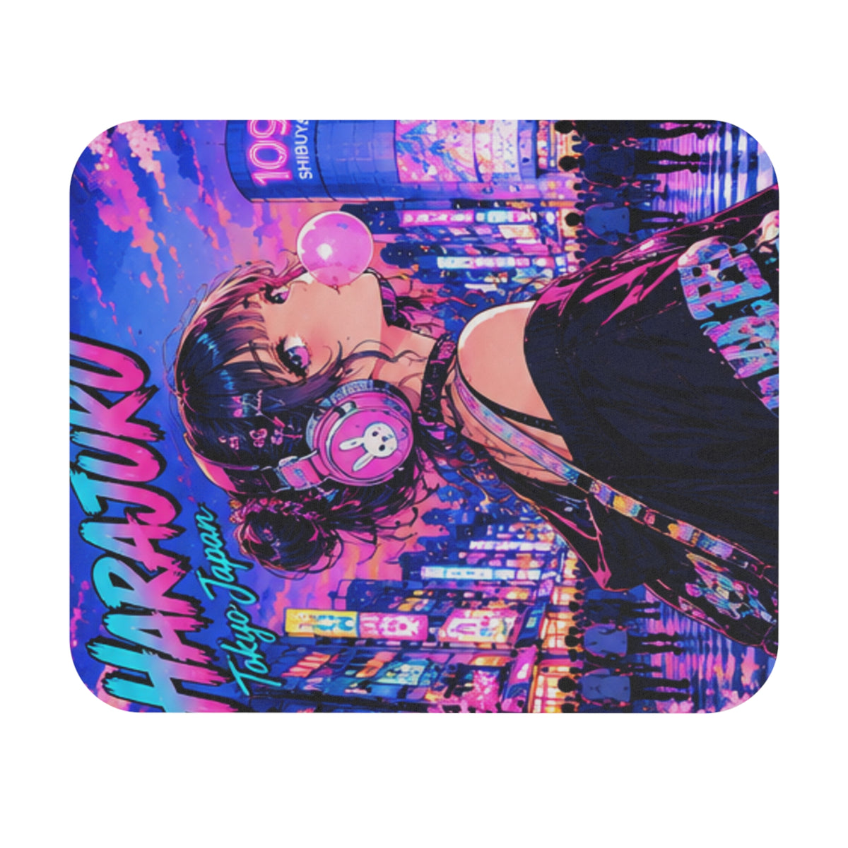 Harajuku Style 11 Neon City Anime Girl Mouse Pad — Retro Tokyo Anime Desk Mat