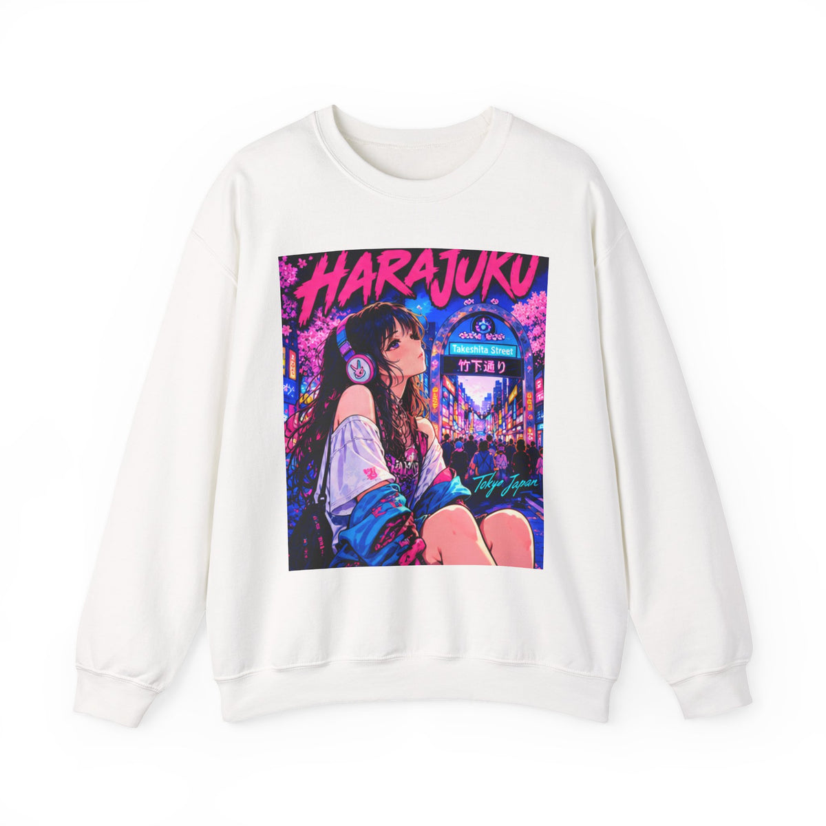 Harajuku Style 5 Neon City Anime Girl Crewneck Sweatshirt — Tokyo Street Anime Graphic