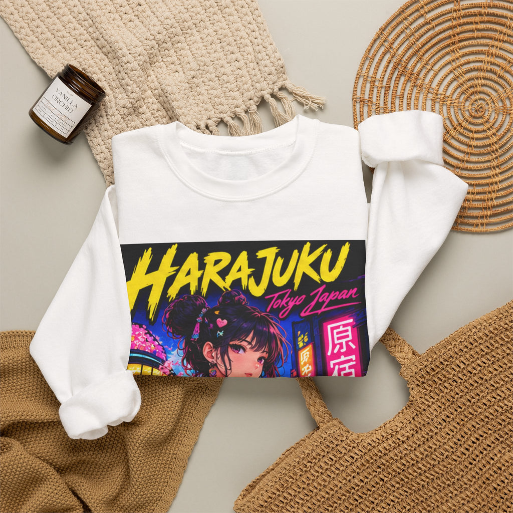 Harajuku Style 3 Neon City Anime Girl Crewneck Sweatshirt — Tokyo Street Anime Graphic