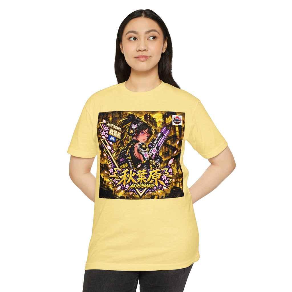 Anime Cyberpunk T‑Shirt —Yellow Akihabara Neon Girl Graphic
