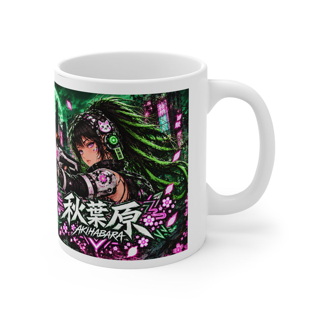 Akihabara Green Neon City Sniper Girl Mug 11oz Coffee Cup