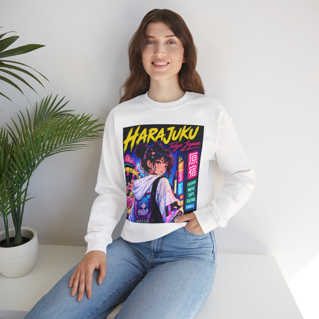 Harajuku Style 3 Neon City Anime Girl Crewneck Sweatshirt — Tokyo Street Anime Graphic