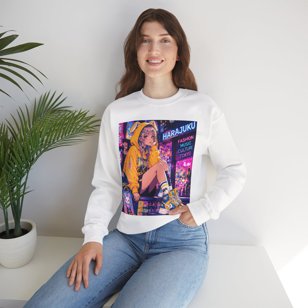 Harajuku Style 10 Neon City Anime Girl Crewneck Sweatshirt — Tokyo Street Anime Graphic
