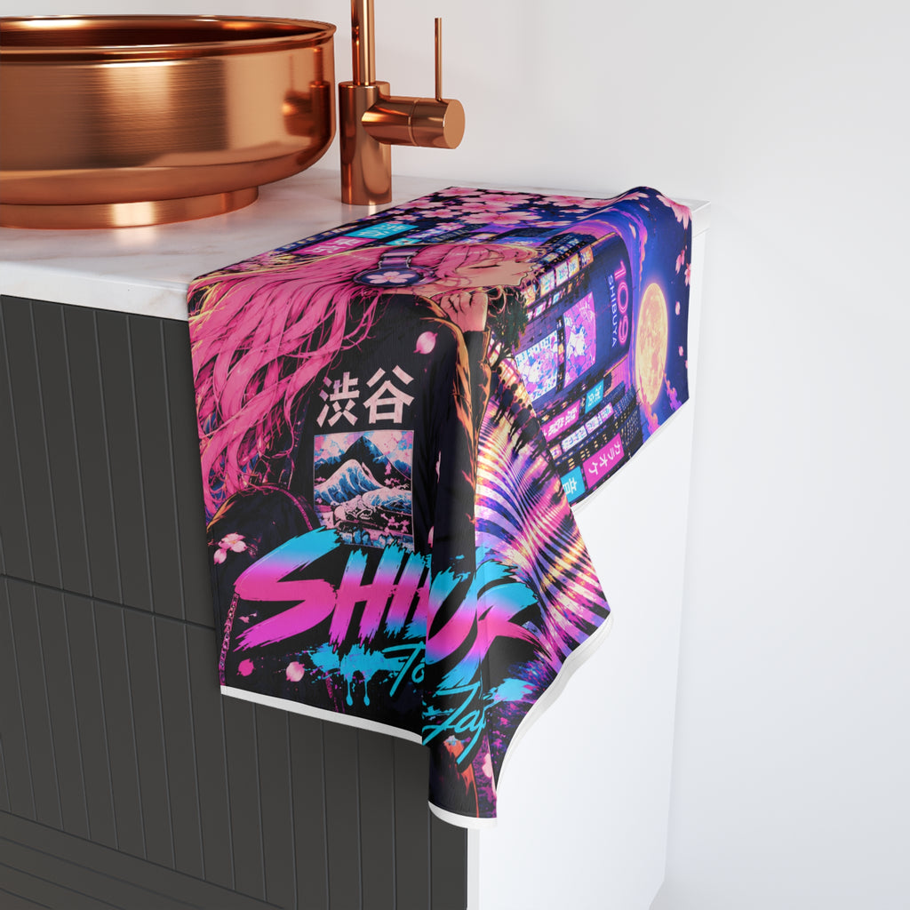 Shibuya Sky 2 City Pop Neon Sunset Hand Towel — Retro Sakura Tokyo Design