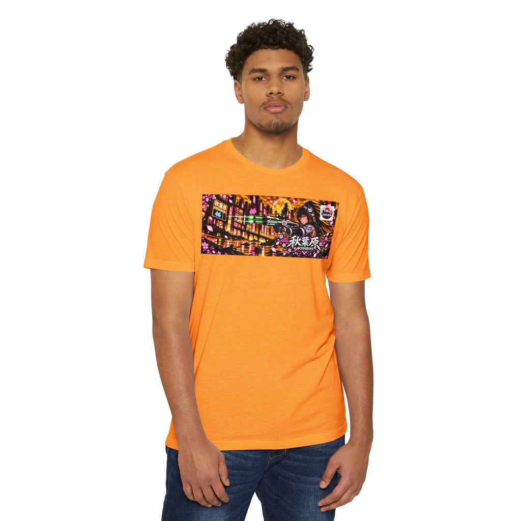 Akihabara Cyborg Sniper T‑Shirt —Orange Akihabara Neon City Graphic