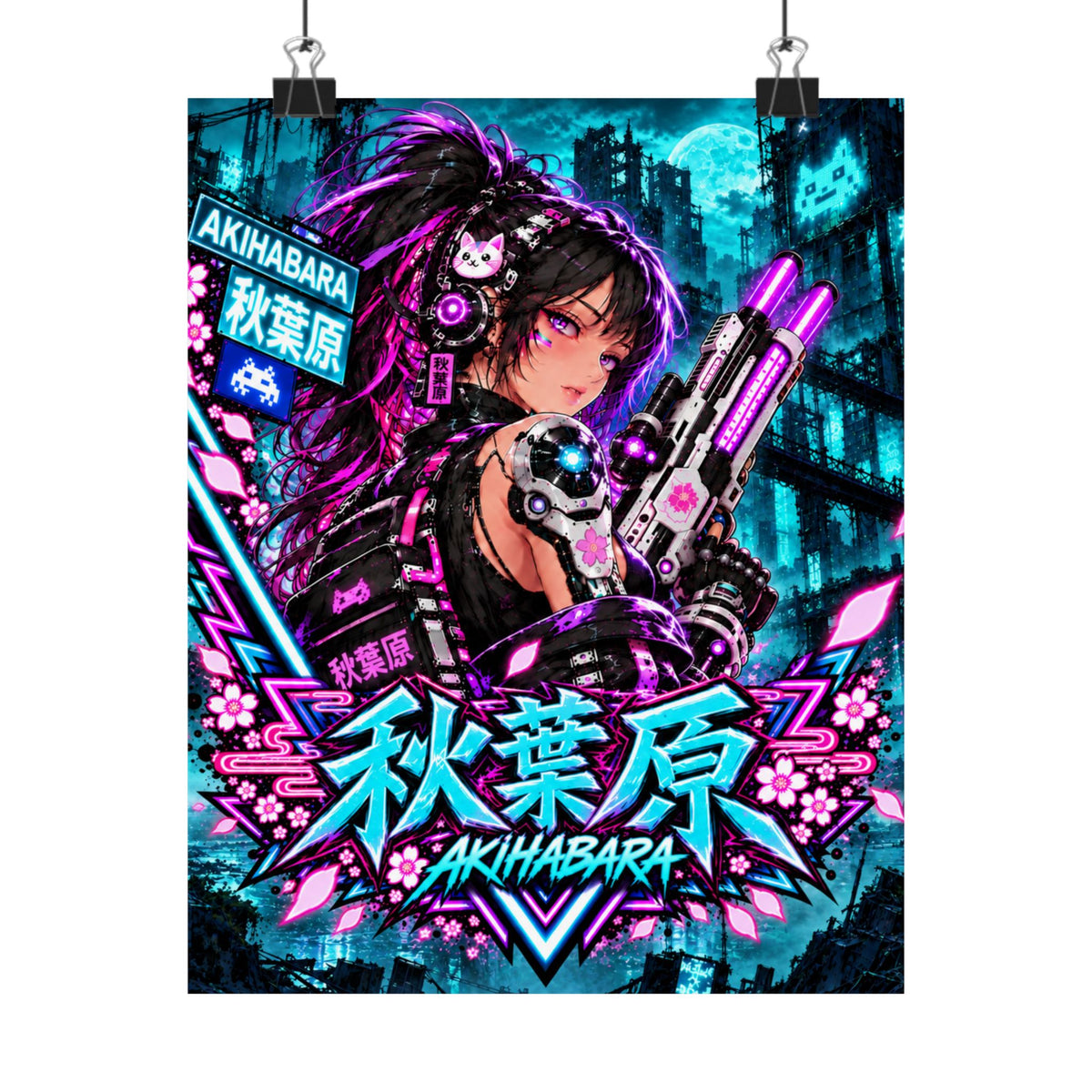 Akihabara Cyberpunk Anime Poster — Neon Teal Matte Vertical Print