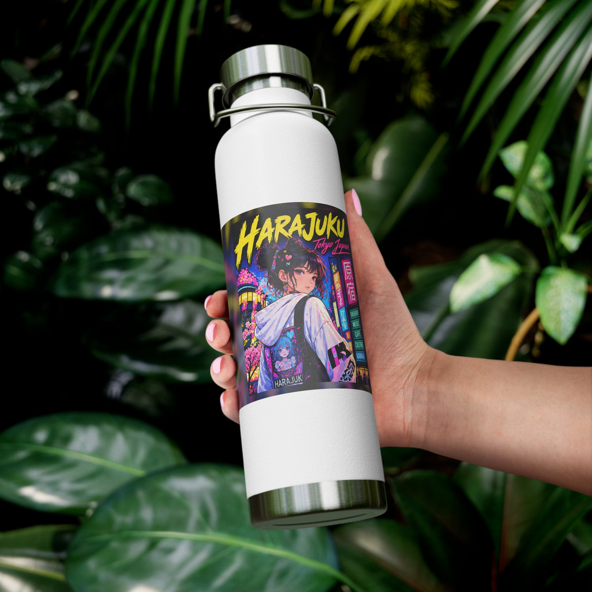 Harajuku Style 9 Neon City Anime Girl Water Bottle — 22oz Copper Vacuum Insulated
