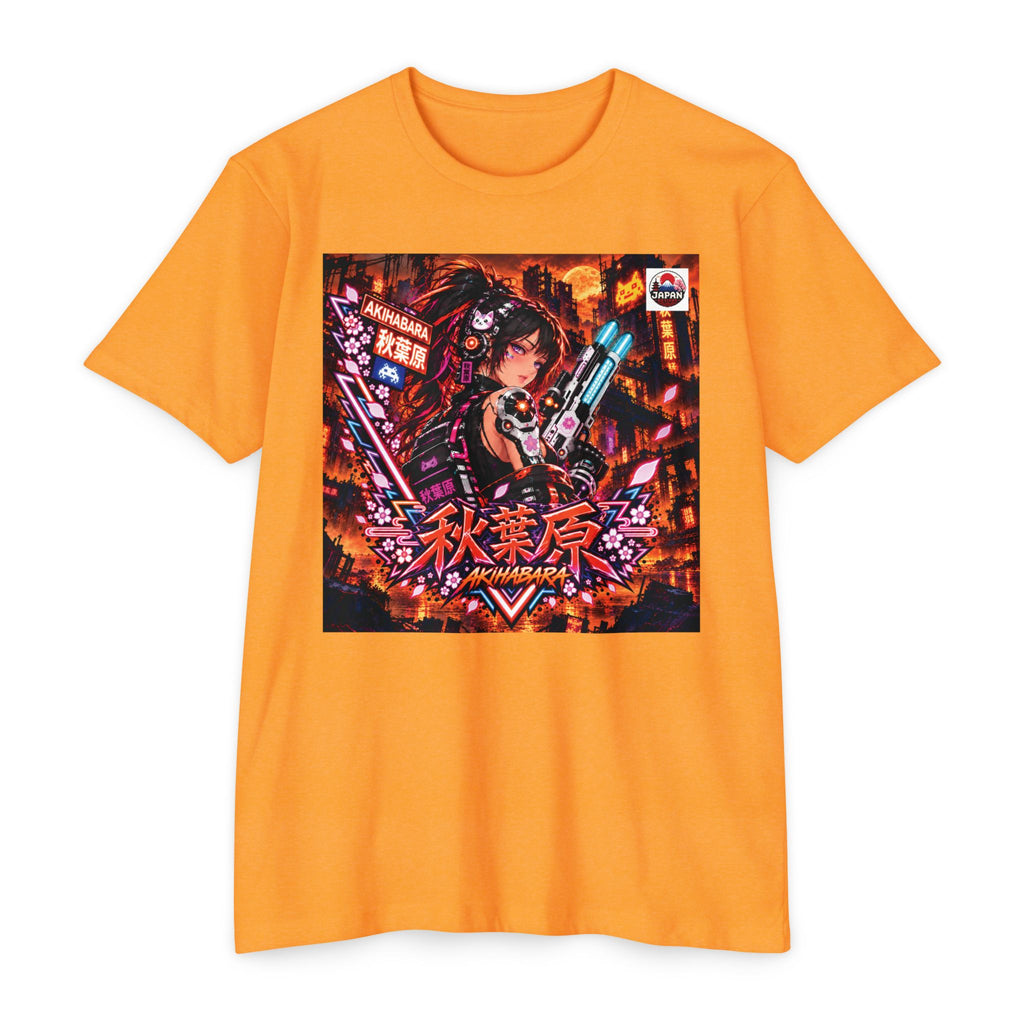 Akihabara Cyberpunk Sniper Girl T‑Shirt —Orange Akihabara Neon City Graphic