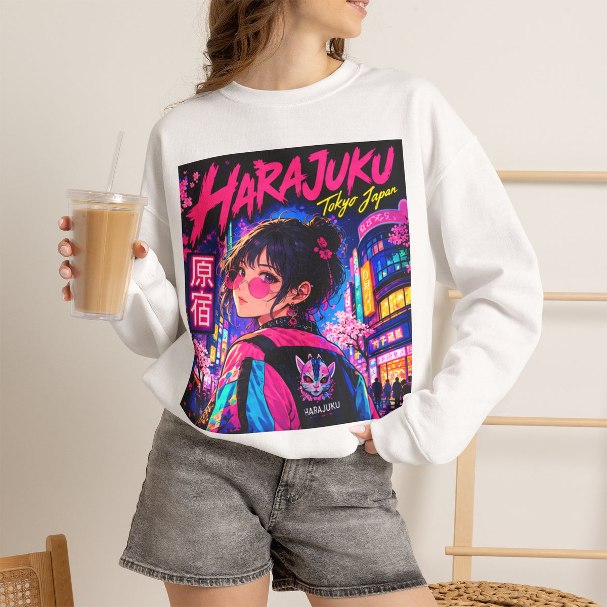 Harajuku Style 1 Neon City Anime Girl Crewneck Sweatshirt — Tokyo Street Anime Graphic