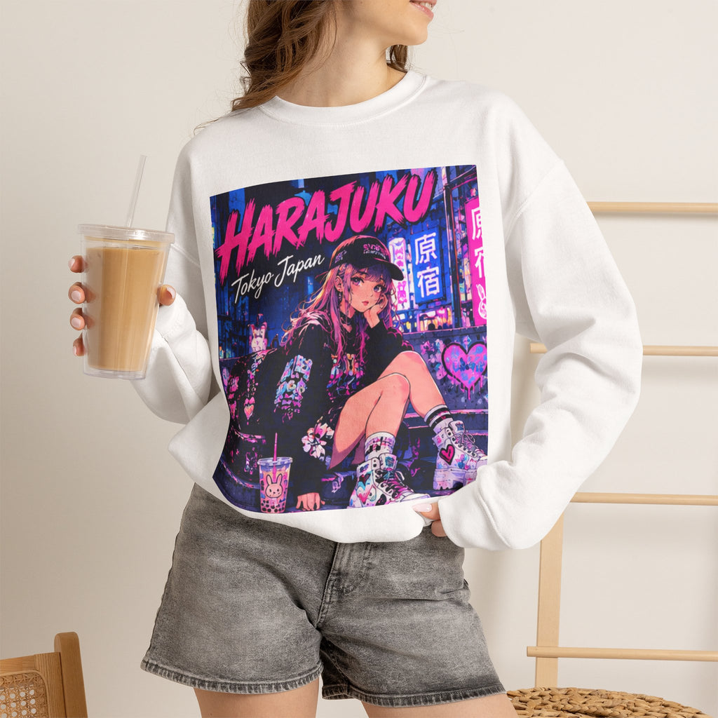 Harajuku Style 8 Neon City Anime Girl Crewneck Sweatshirt — Tokyo Street Anime Graphic