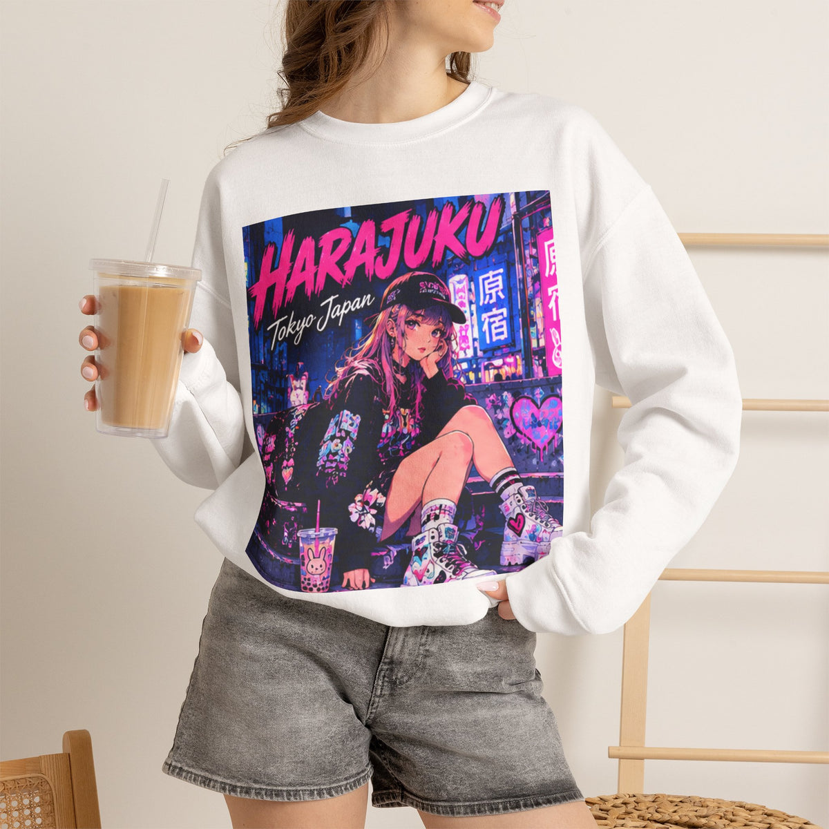 Harajuku Style 8 Neon City Anime Girl Crewneck Sweatshirt — Tokyo Street Anime Graphic