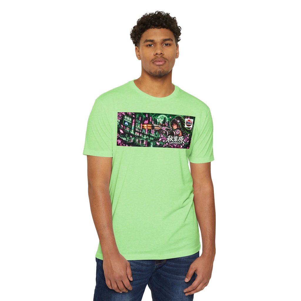 Akihabara Cyborg Sniper T‑Shirt —Green Akihabara Neon City Graphic