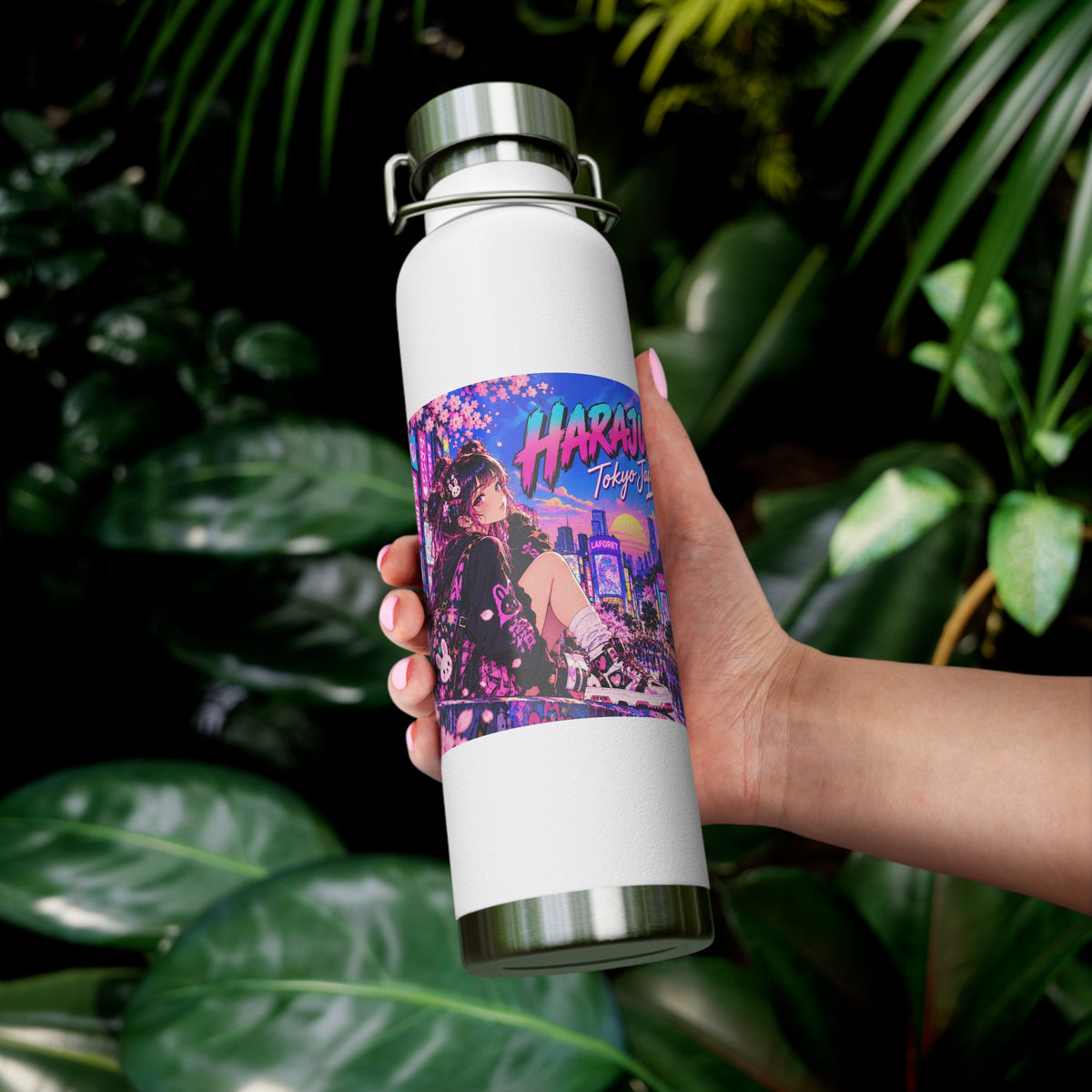 Harajuku Style 13 Neon City Anime Girl Water Bottle — 22oz Copper Vacuum Insulated