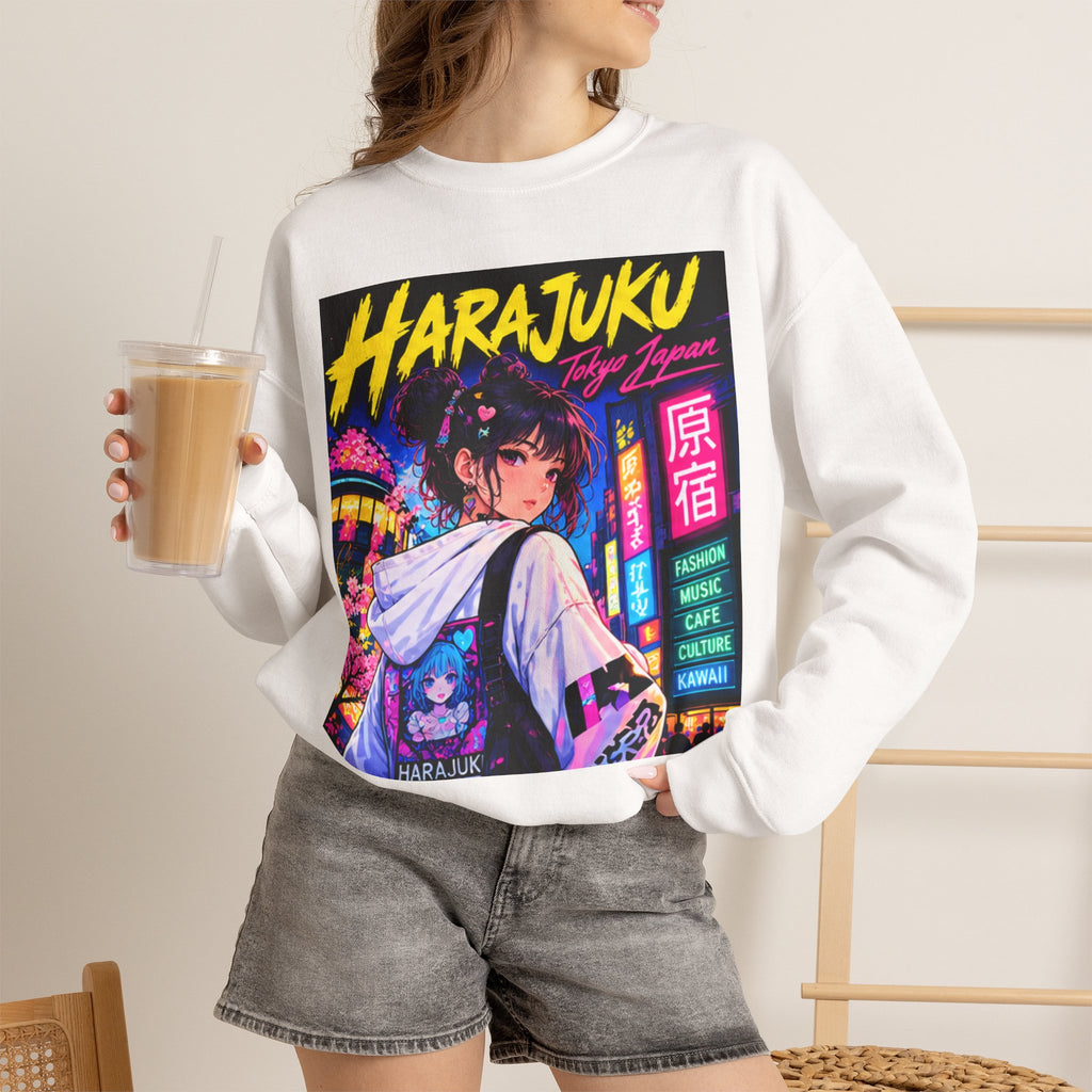 Harajuku Style 3 Neon City Anime Girl Crewneck Sweatshirt — Tokyo Street Anime Graphic