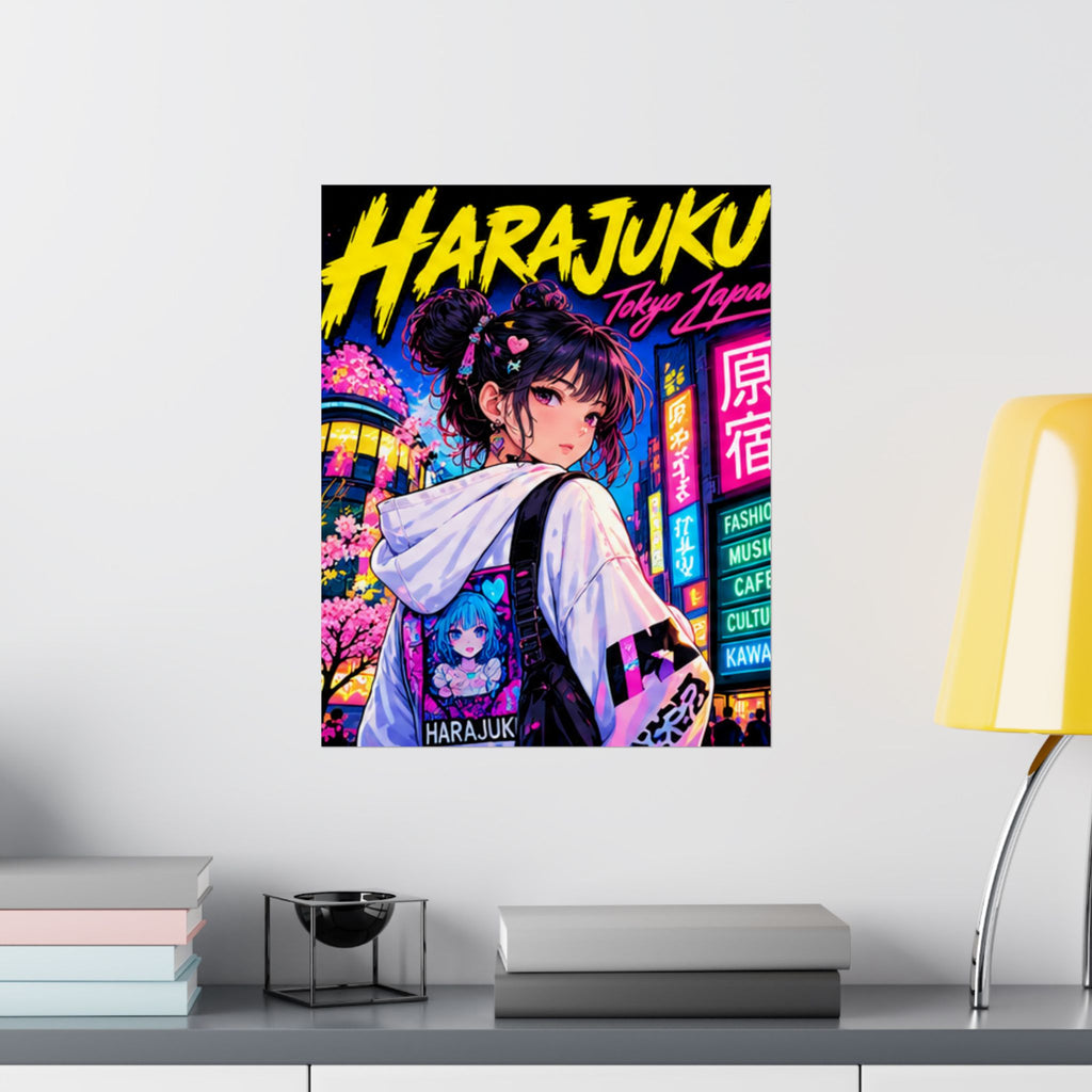Harajuku Style 3 Neon City Anime Girl Satin Poster — Tokyo Japan Anime Wall Art