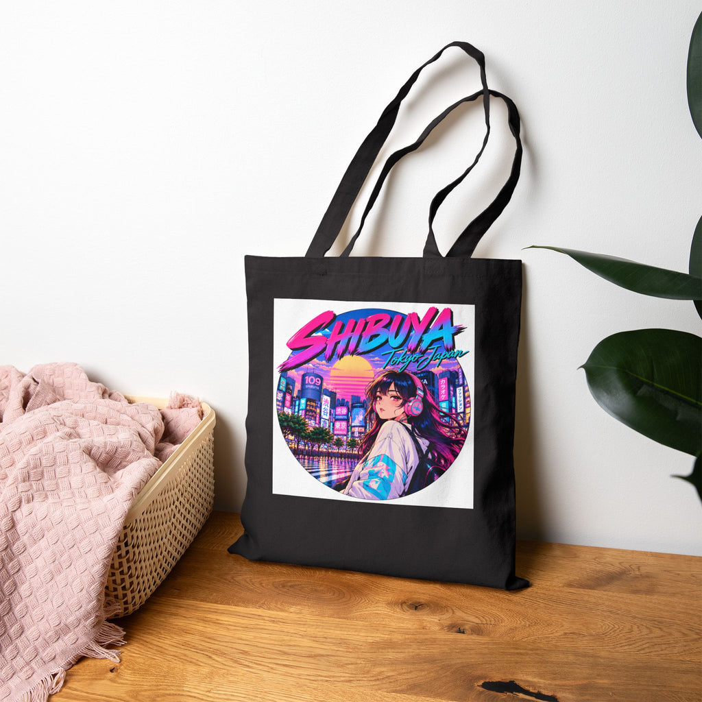 Shibuya Sky 1 City Pop Neon City Tote Bag — Anime Aesthetic Canvas Shopper