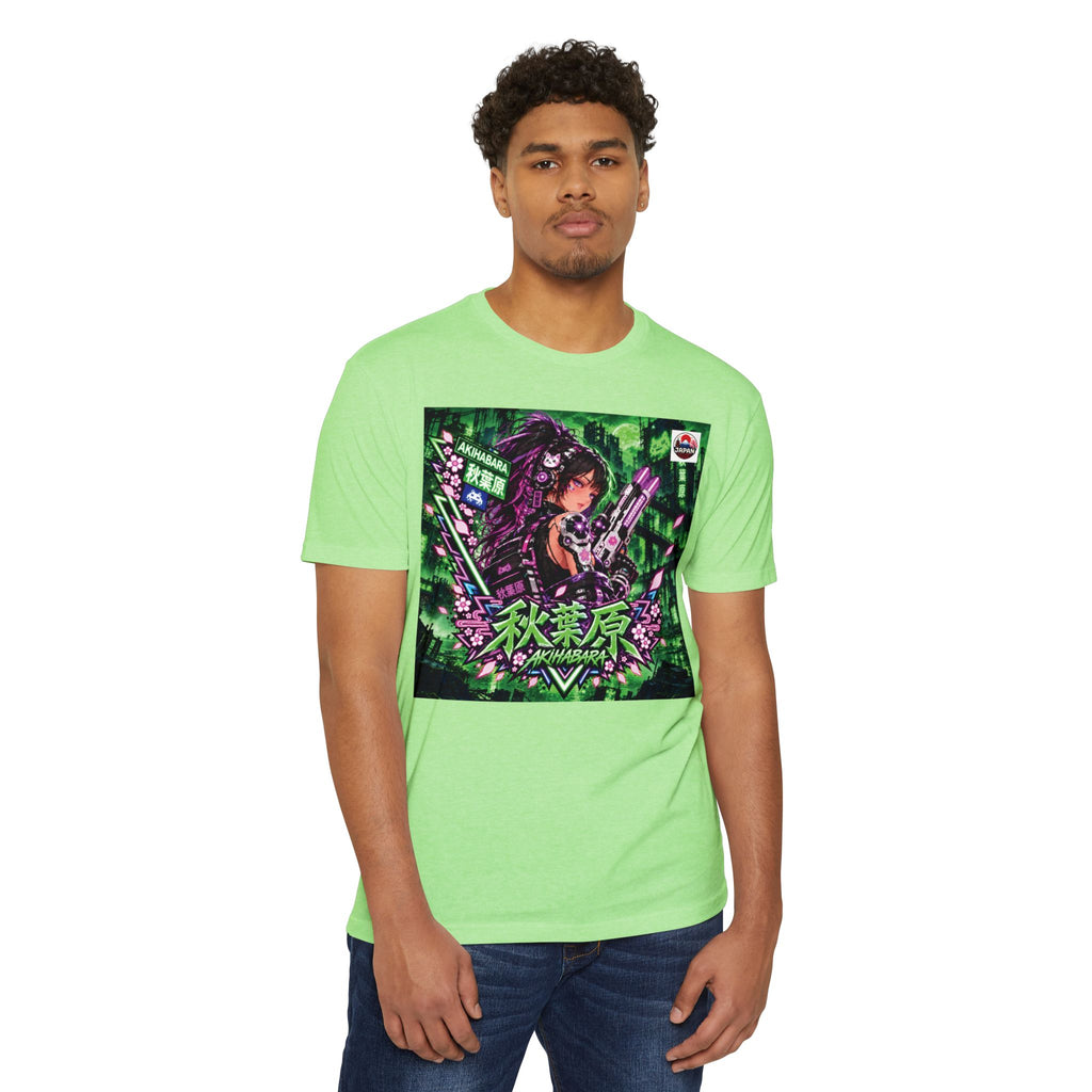 Akihabara Cyberpunk Sniper Girl T‑Shirt —Green Akihabara Neon City Graphic