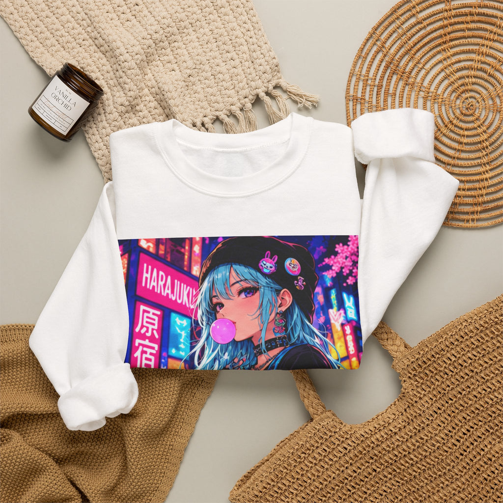 Harajuku Style 4 Neon City Anime Girl Crewneck Sweatshirt — Tokyo Street Anime Graphic
