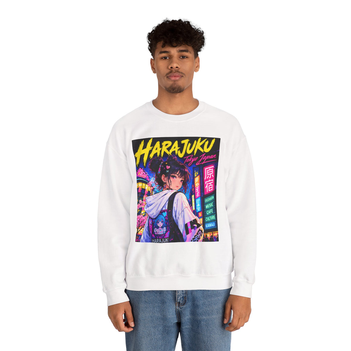 Harajuku Style 3 Neon City Anime Girl Crewneck Sweatshirt — Tokyo Street Anime Graphic