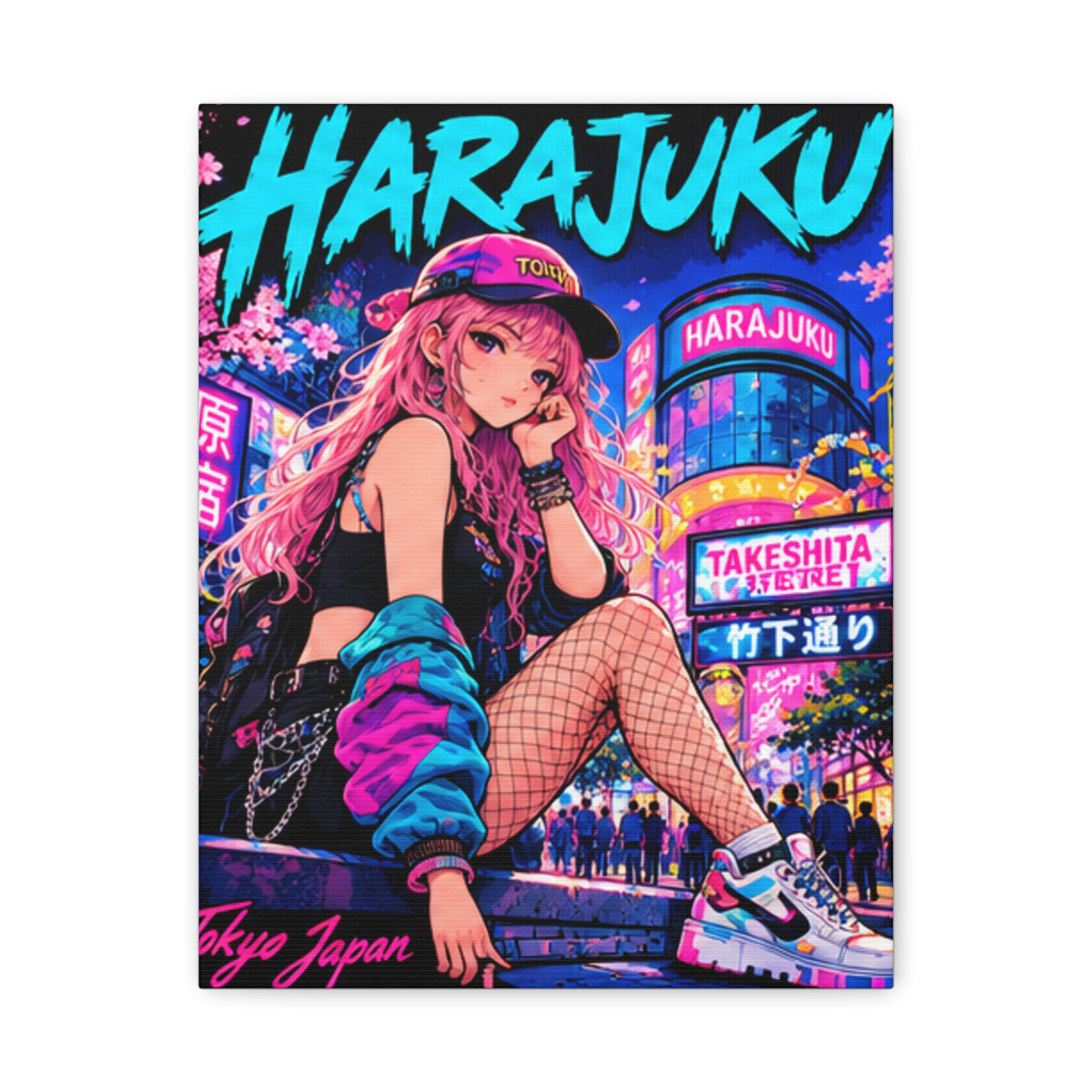 Harajuku Style 2 Neon City Tokyo Anime Girl Matte Canvas Wall Art
