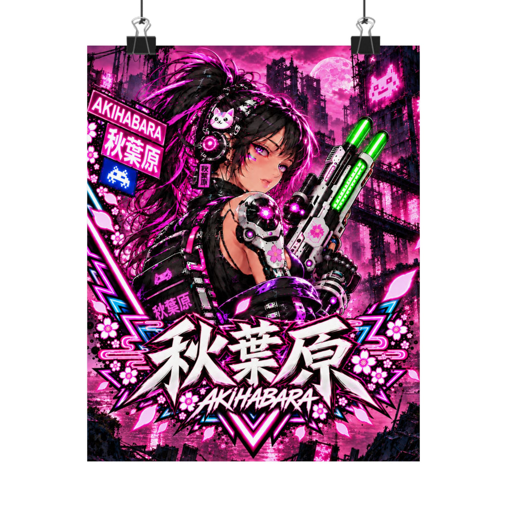 Akihabara Cyberpunk Anime Poster — Neon Pink Matte Vertical Print