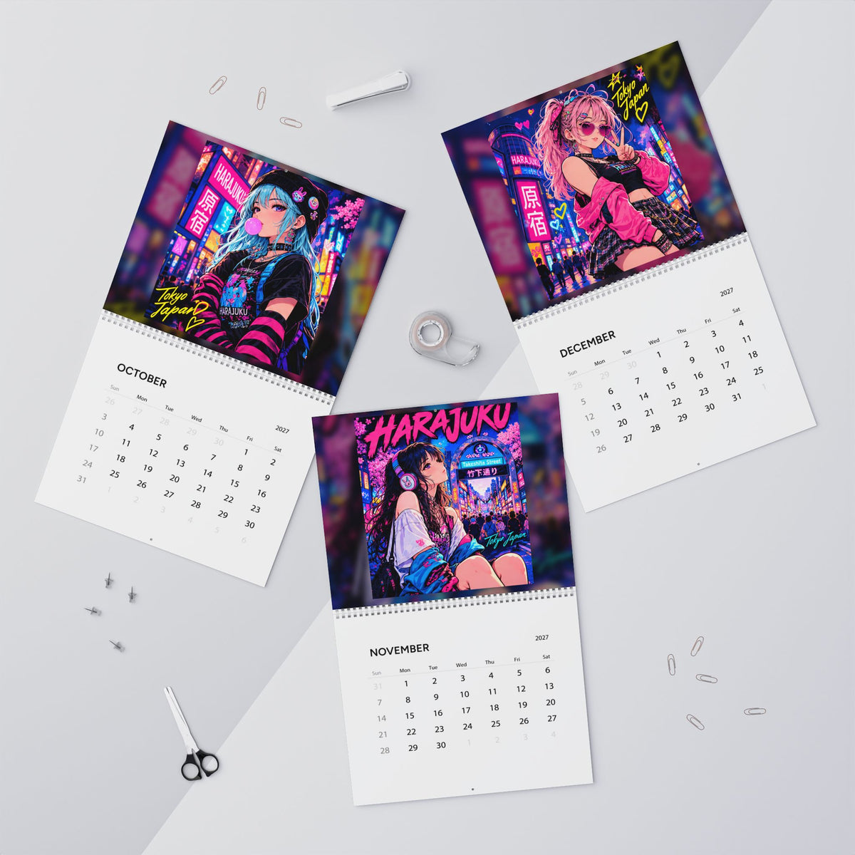 Harajuku Style Anime Girl Wall Calendar 2027 – Neon Kawaii City Scenes