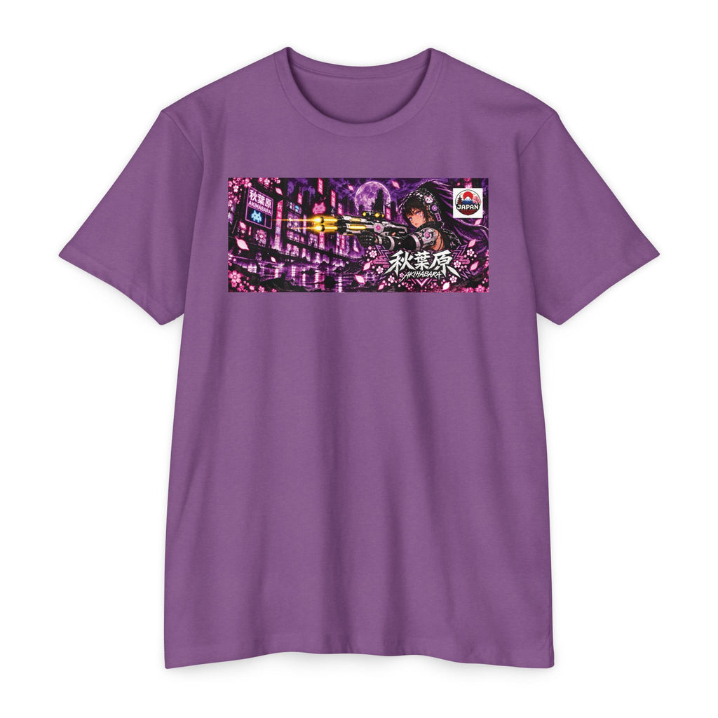 Akihabara Cyborg Sniper T‑Shirt —Purple Akihabara Neon City Graphic