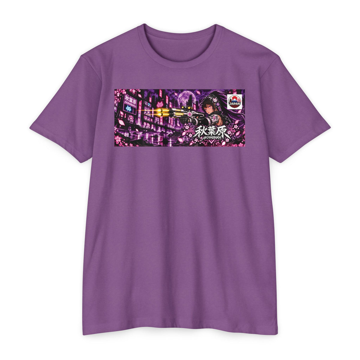 Akihabara Cyborg Sniper T‑Shirt —Purple Akihabara Neon City Graphic