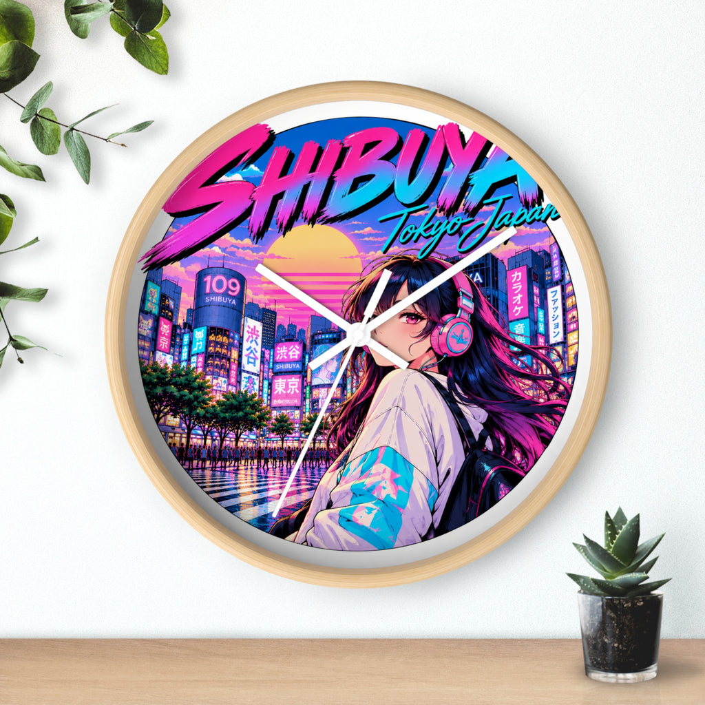 Shibuya Sky 1 city pop Neon Anime Wall Clock — Retro Tokyo Sunset Design