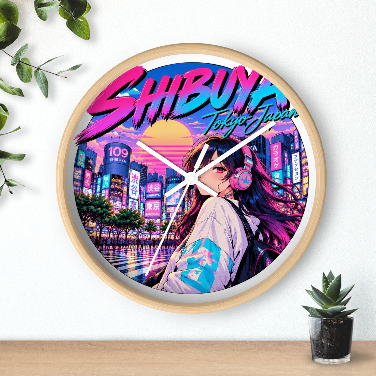 Shibuya Sky 1 city pop Neon Anime Wall Clock — Retro Tokyo Sunset Design