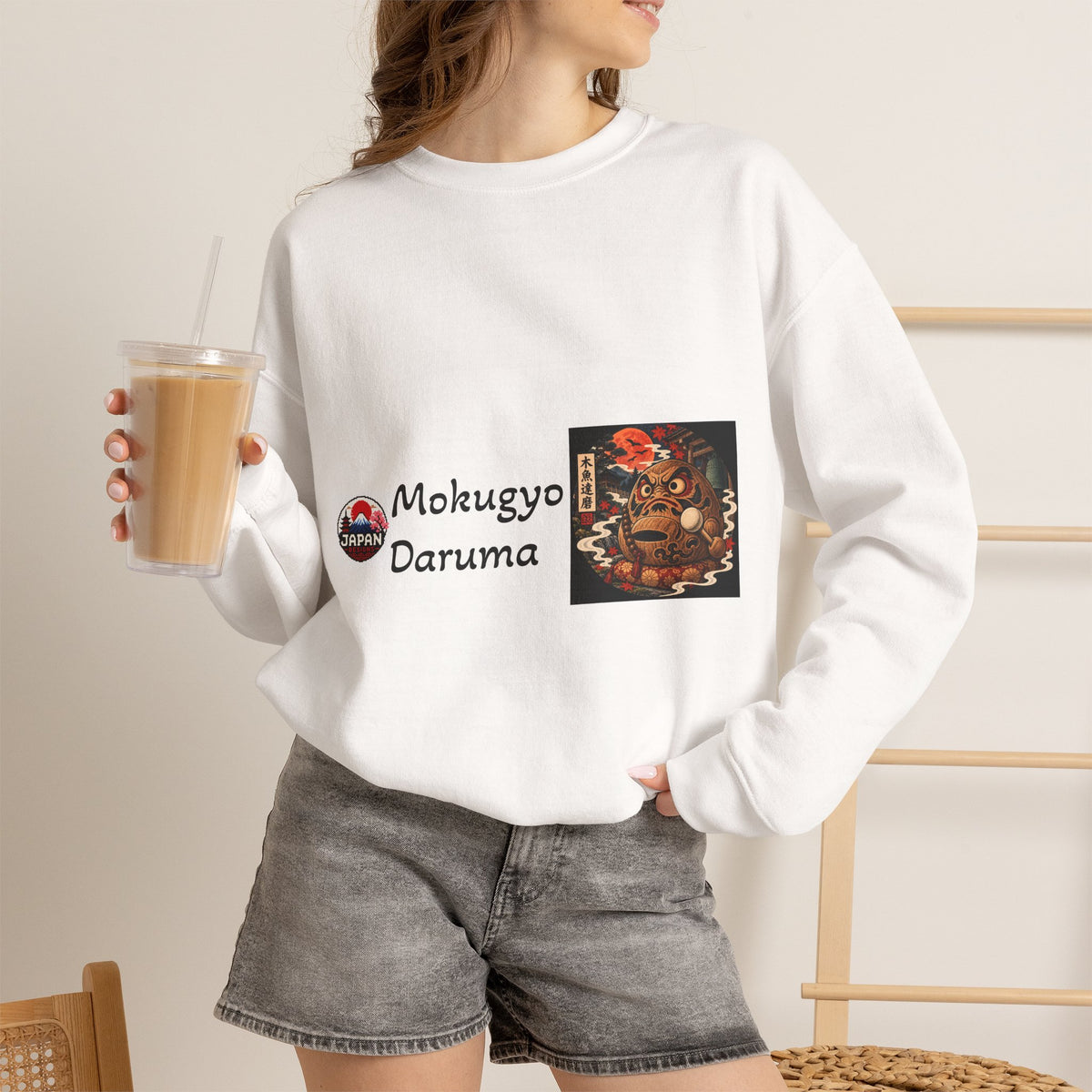 Mokugyo Daruma Yokai Halloween Illustration Crewneck Sweatshirt | Japanese Buddhist Motif